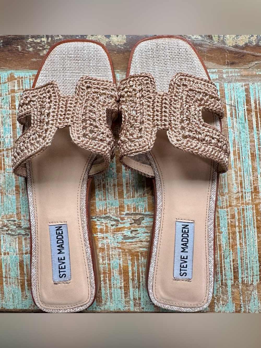Steve Madden Hadyn Crochet Raffia Slide Sandals - Tan/Natural - Size 7.5